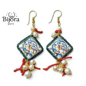 Boucles d'oreilles céramique avec perle / corail naturel