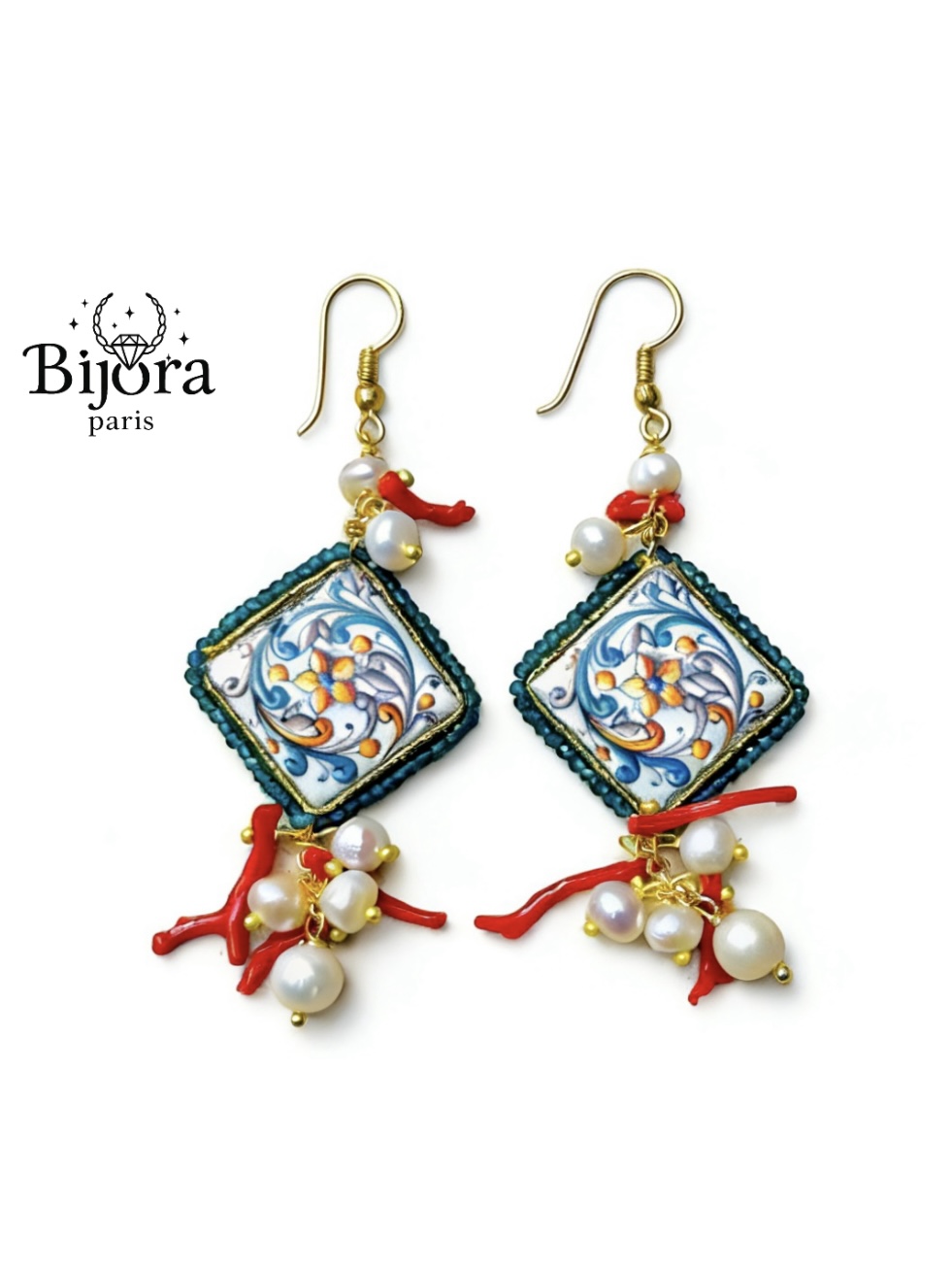 Boucles d'oreilles céramique avec perle / corail naturel