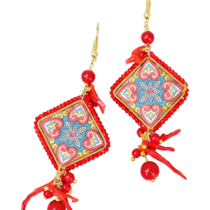 Boucles d'oreilles céramique avec perle / corail naturel (Rouge)