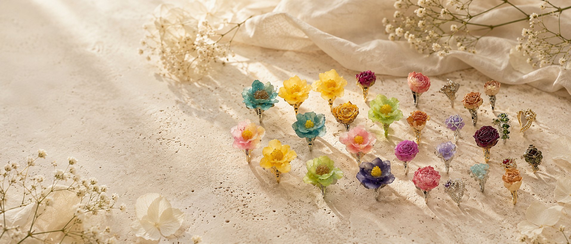 Bagues florales artisanales Bijora Paris posées sur une pierre claire